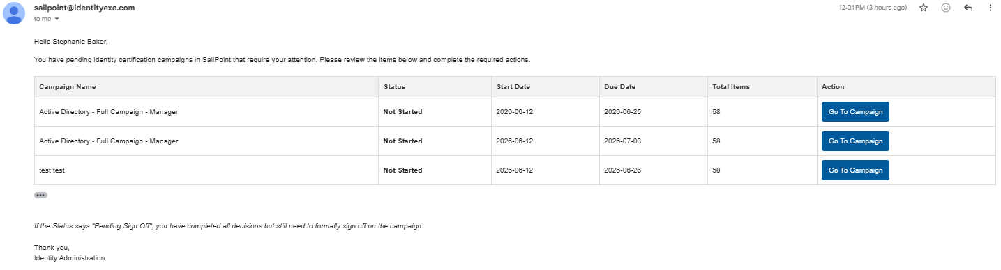Sample Consolidated Email Reminder