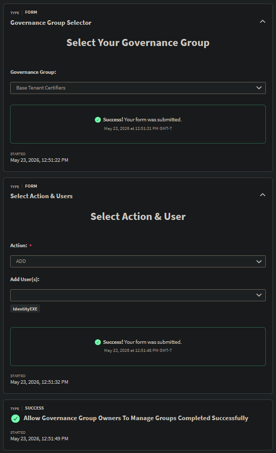 Self-Service Governance Group management interactive form mockup
