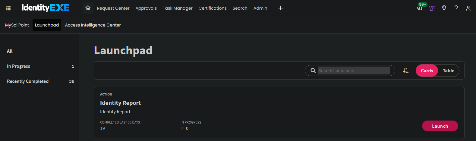 Identity Report option in the Launcher Interface