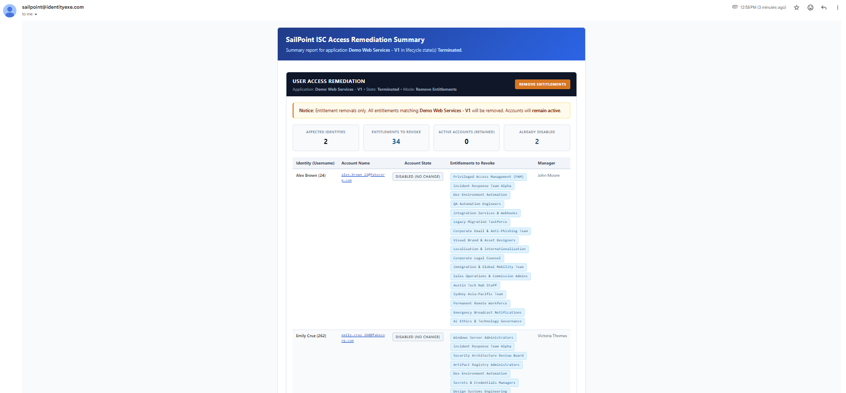 Email Notification - Remove Entitlements